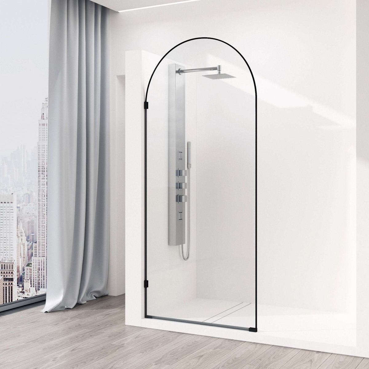 Clear glass shower screen, matte black frame, fixed opening, reversible door