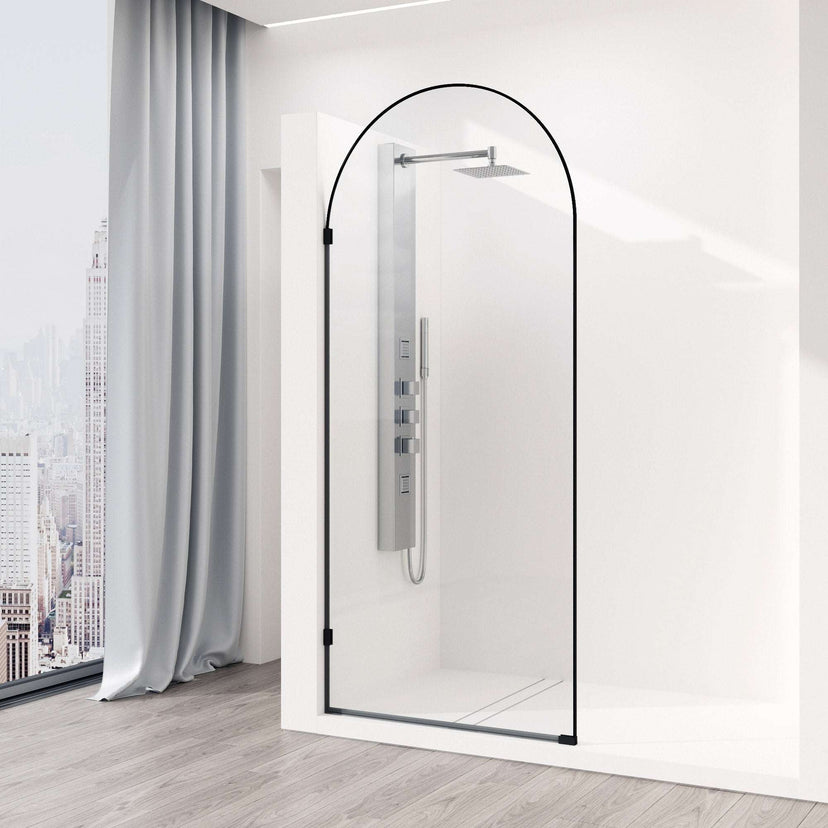 Clear glass shower screen, matte black frame, fixed opening, reversible door