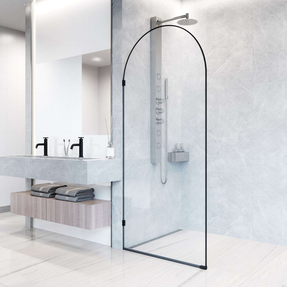 Matte black framed shower door, clear tempered glass, includes mounting hardware