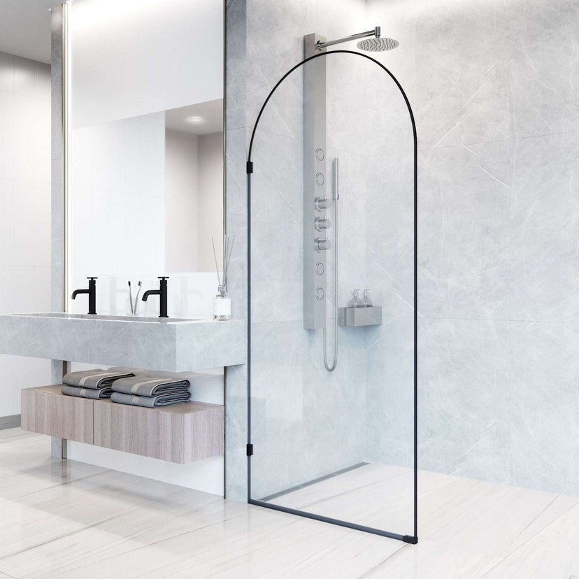 Matte black framed shower door, clear tempered glass, includes mounting hardware