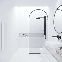 Matte black shower screen with clear glass, framed, fixed installation
