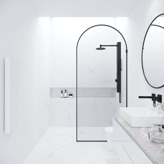 Matte black shower screen with clear glass, framed, fixed installation