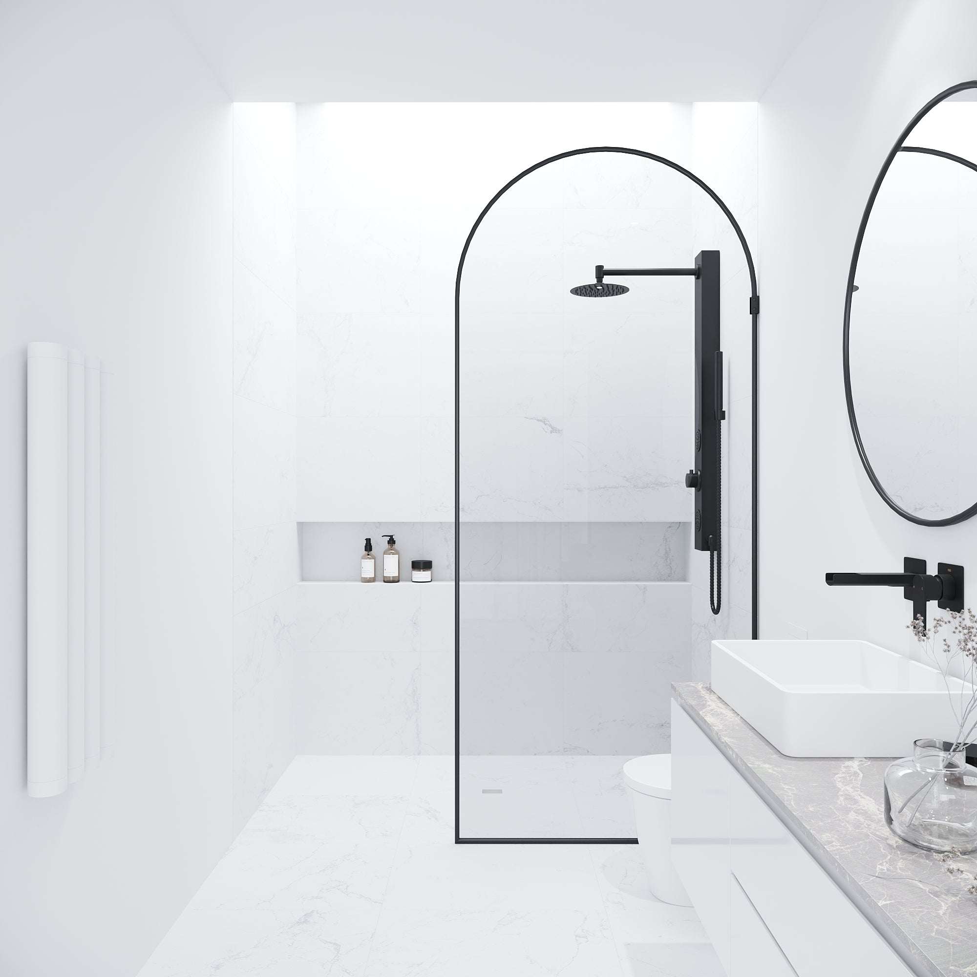 VIGO Arden Frameless Fixed Shower Screen with fluted tempered glass and stainless steel finish in modern bathroom