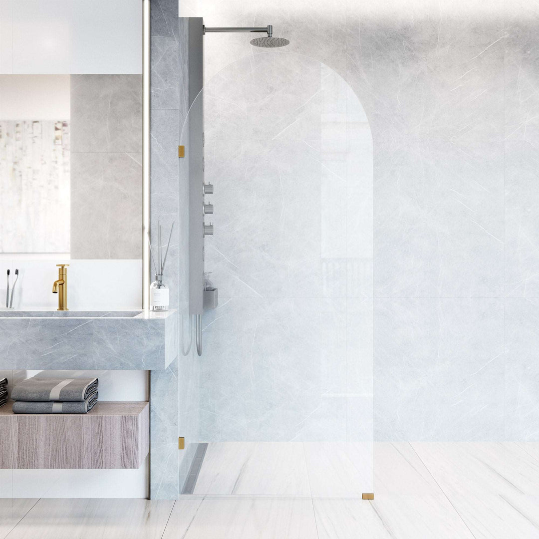 Matte brushed gold frameless shower screen with clear tempered glass, modern style
