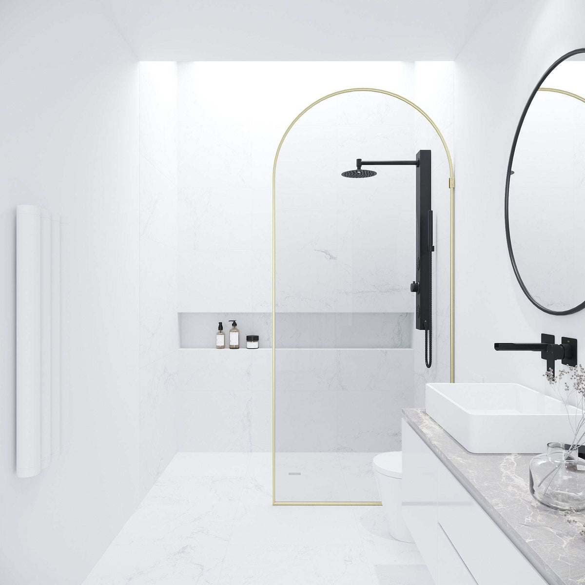Matte brushed gold shower screen with clear glass, frameless, fixed installation