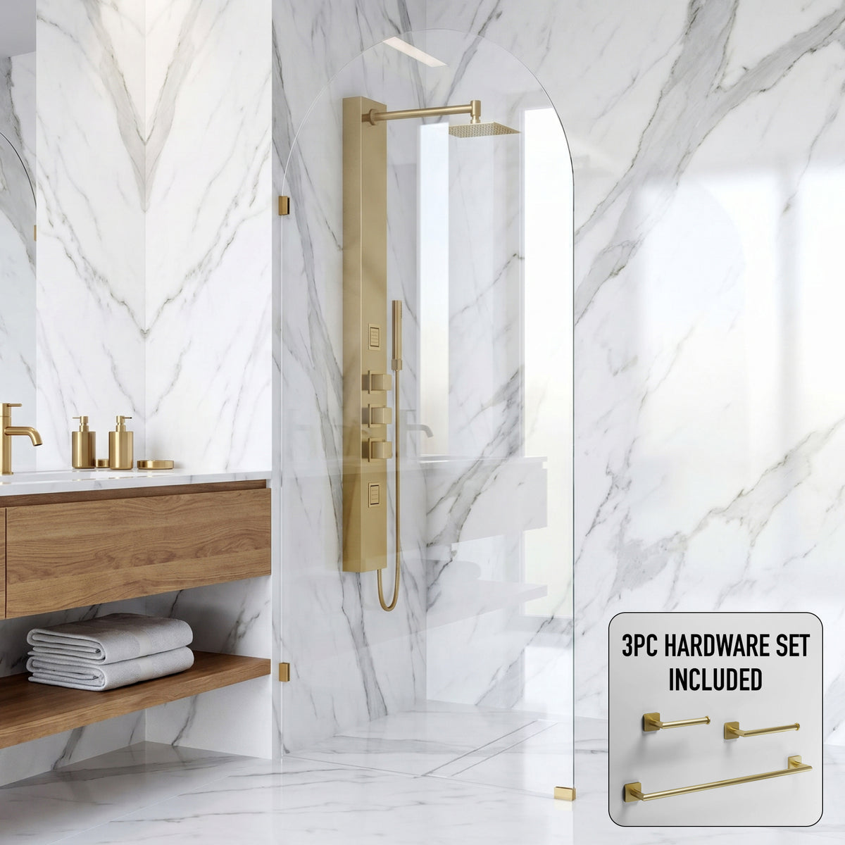 Arden 34 in. W x 78 in. H Frameless Fixed Shower Screen Door and Satro 3-Piece Bath Hardware Set in Matte Brushed Gold