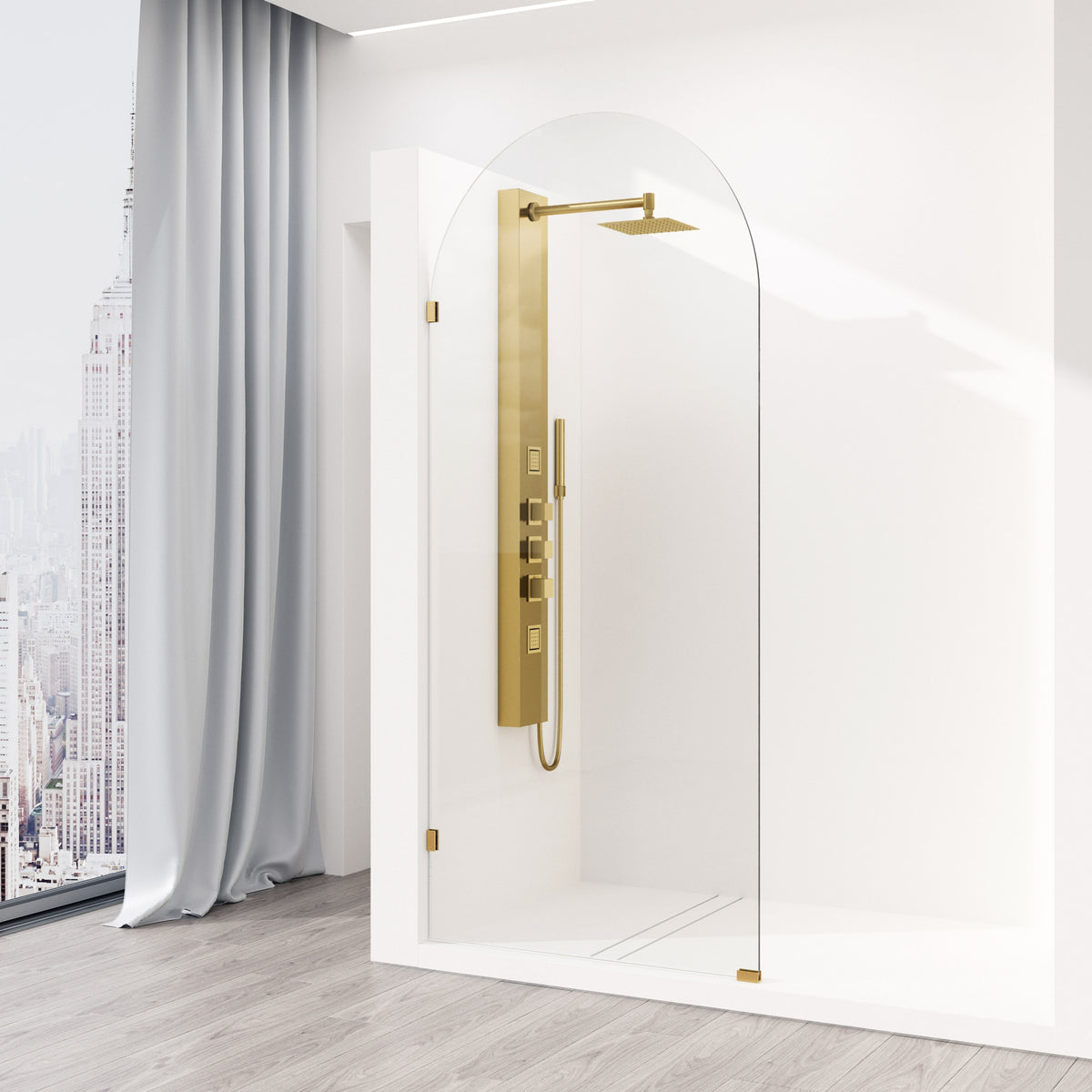 Arden 34 in. W x 78 in. H Frameless Fixed Shower Screen Door and Satro 3-Piece Bath Hardware Set in Matte Brushed Gold