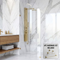 Arden 34 in. W x 78 in. H Frameless Fixed Shower Screen Door and Meridian 4-Piece Bath Hardware Set in Matte Brushed Gold