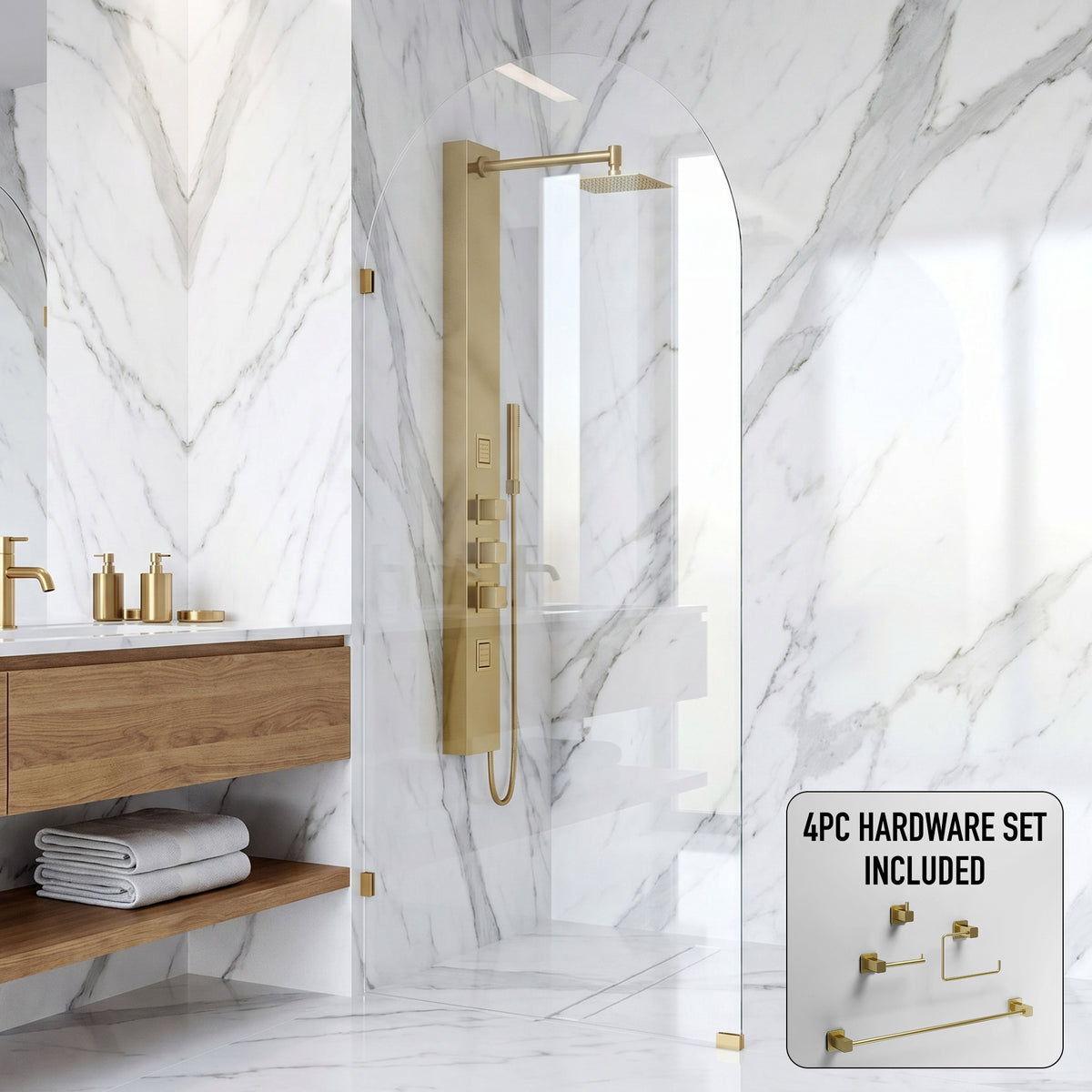 Arden 34 in. W x 78 in. H Frameless Fixed Shower Screen Door and Meridian 4-Piece Bath Hardware Set in Matte Brushed Gold