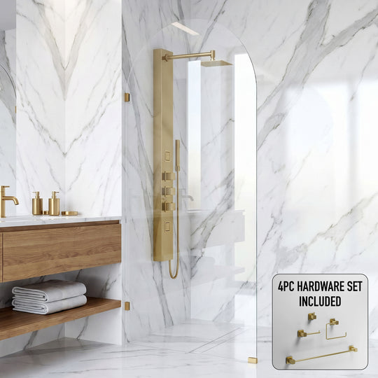 Arden 34 in. W x 78 in. H Frameless Fixed Shower Screen Door and Meridian 4-Piece Bath Hardware Set in Matte Brushed Gold