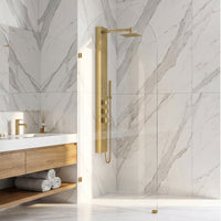 Arden 34 in. W x 78 in. H Frameless Fixed Shower Screen Door and Meridian 4-Piece Bath Hardware Set in Matte Brushed Gold
