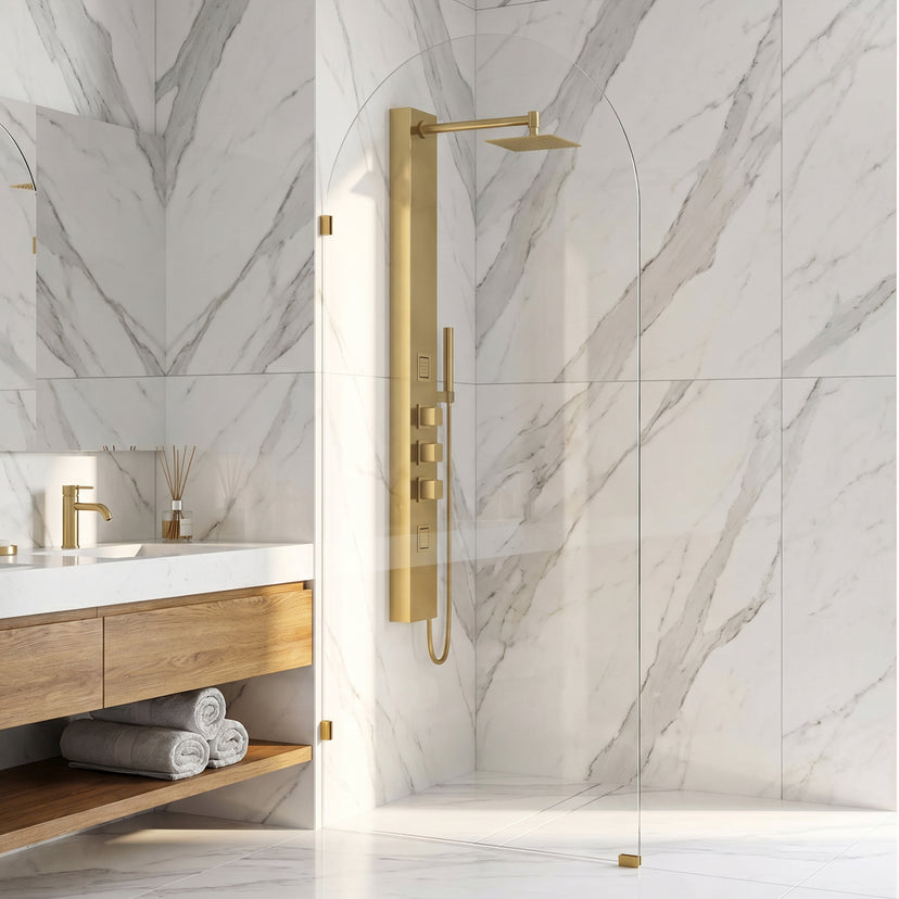 Arden 34 in. W x 78 in. H Frameless Fixed Shower Screen Door and Meridian 4-Piece Bath Hardware Set in Matte Brushed Gold