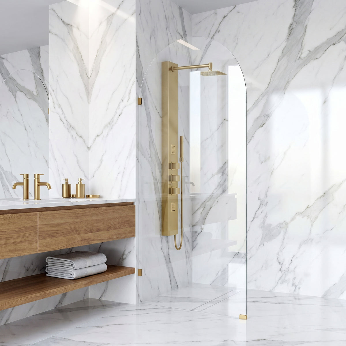 Arden 34 in. W x 78 in. H Frameless Fixed Shower Screen Door and Meridian 4-Piece Bath Hardware Set in Matte Brushed Gold