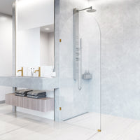 Arden 34 in. W x 78 in. H Frameless Fixed Shower Screen Door and Meridian 4-Piece Bath Hardware Set in Matte Brushed Gold