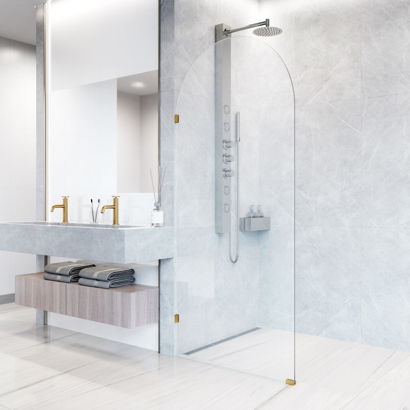 Arden 34 in. W x 78 in. H Frameless Fixed Shower Screen Door and Meridian 4-Piece Bath Hardware Set in Matte Brushed Gold