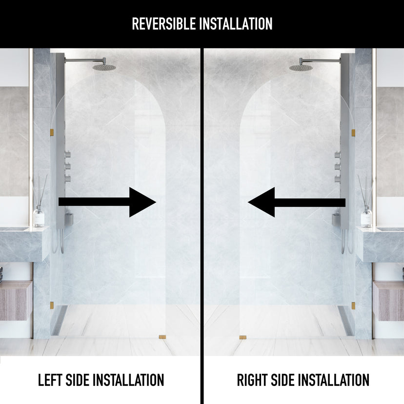 Arden 34 in. W x 78 in. H Frameless Fixed Shower Screen Door and Meridian 4-Piece Bath Hardware Set in Matte Brushed Gold