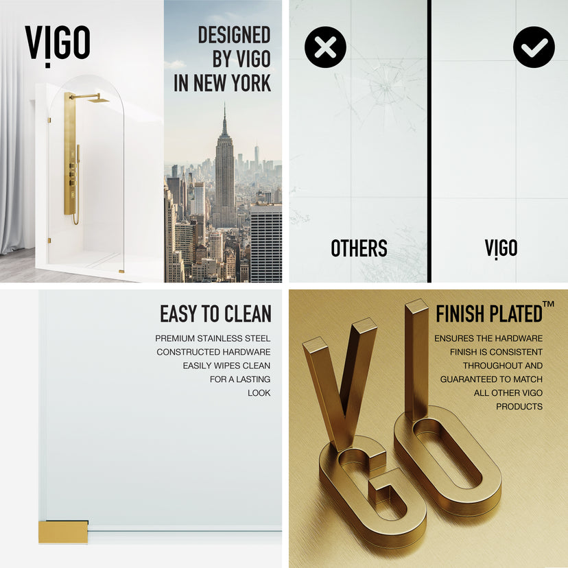 Arden 34 in. W x 78 in. H Frameless Fixed Shower Screen Door and Meridian 4-Piece Bath Hardware Set in Matte Brushed Gold