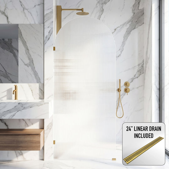 Arden 34 in. W x 78 in. H Frameless Fixed Shower Screen in Matte Brushed Gold with 3/8 in. (10mm) Fluted Glass and Elan 24 in. Linear Shower Drain