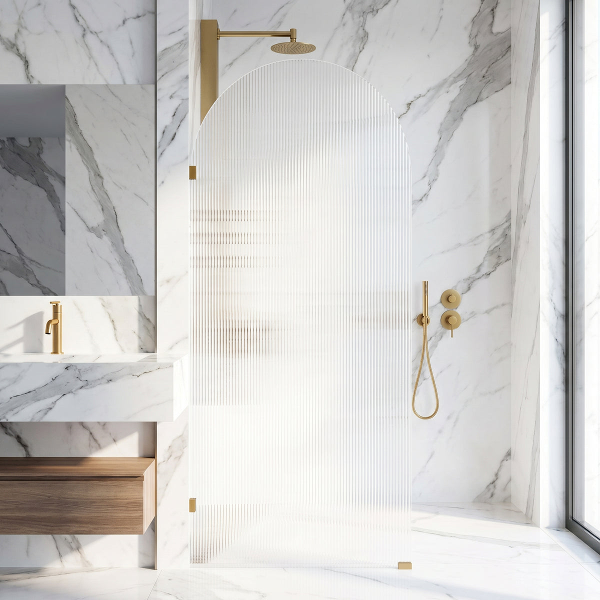 Arden 34 in. W x 78 in. H Frameless Fixed Shower Screen in Matte Brushed Gold with 3/8 in. (10mm) Fluted Glass and Elan 24 in. Linear Shower Drain