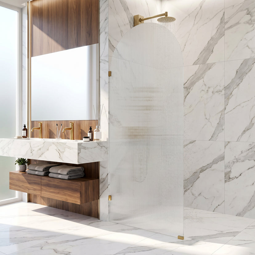 Arden 34 in. W x 78 in. H Frameless Fixed Shower Screen in Matte Brushed Gold with 3/8 in. (10mm) Fluted Glass and Elan 24 in. Linear Shower Drain