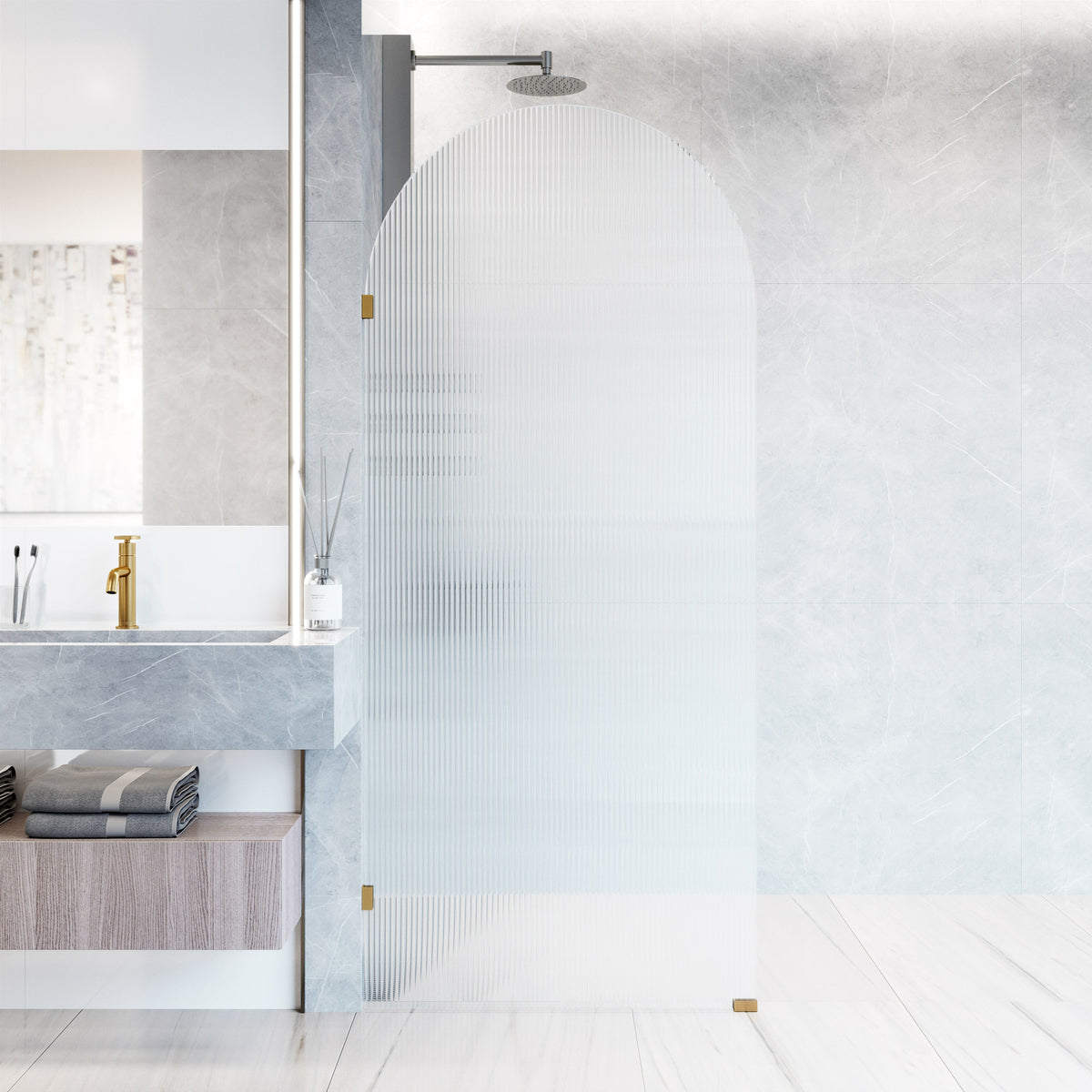 Arden 34 in. W x 78 in. H Frameless Fixed Shower Screen in Matte Brushed Gold with 3/8 in. (10mm) Fluted Glass and Elan 24 in. Linear Shower Drain