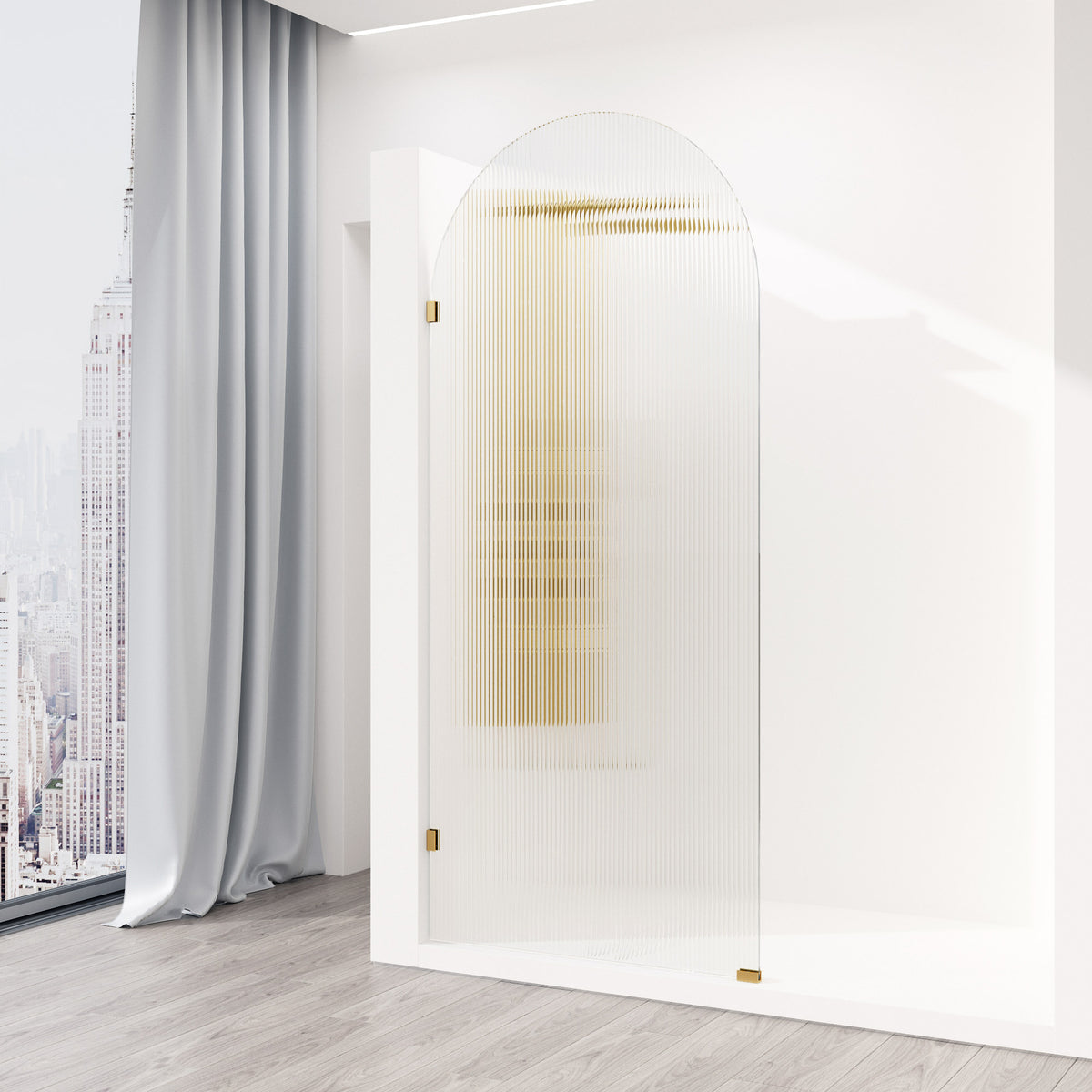 Arden 34 in. W x 78 in. H Frameless Fixed Shower Screen in Matte Brushed Gold with 3/8 in. (10mm) Fluted Glass and Elan 24 in. Linear Shower Drain