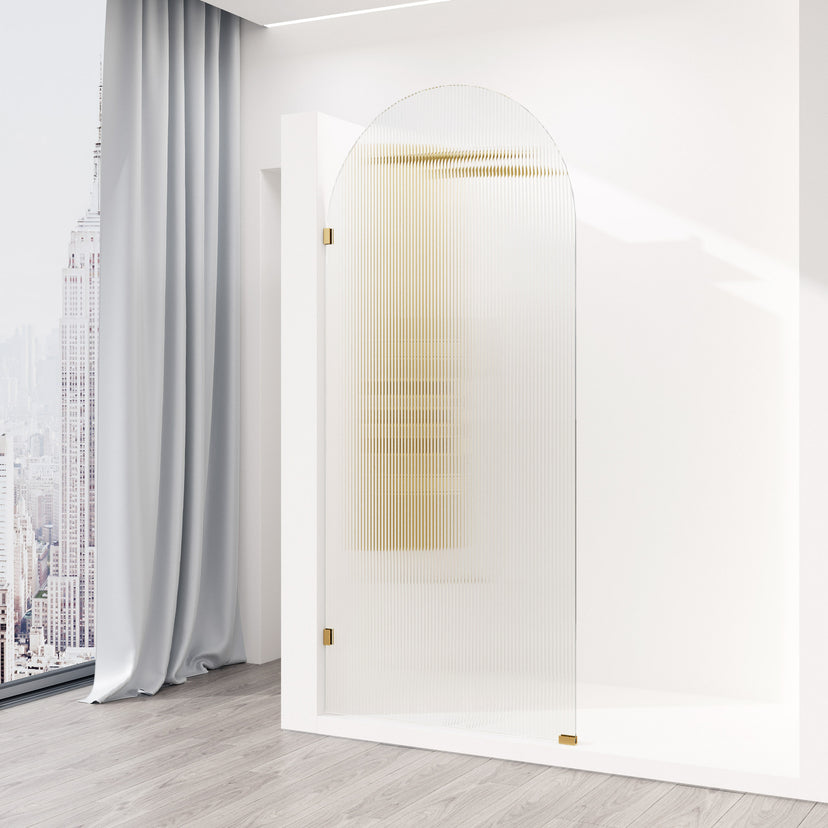 Arden 34 in. W x 78 in. H Frameless Fixed Shower Screen in Matte Brushed Gold with 3/8 in. (10mm) Fluted Glass and Elan 24 in. Linear Shower Drain