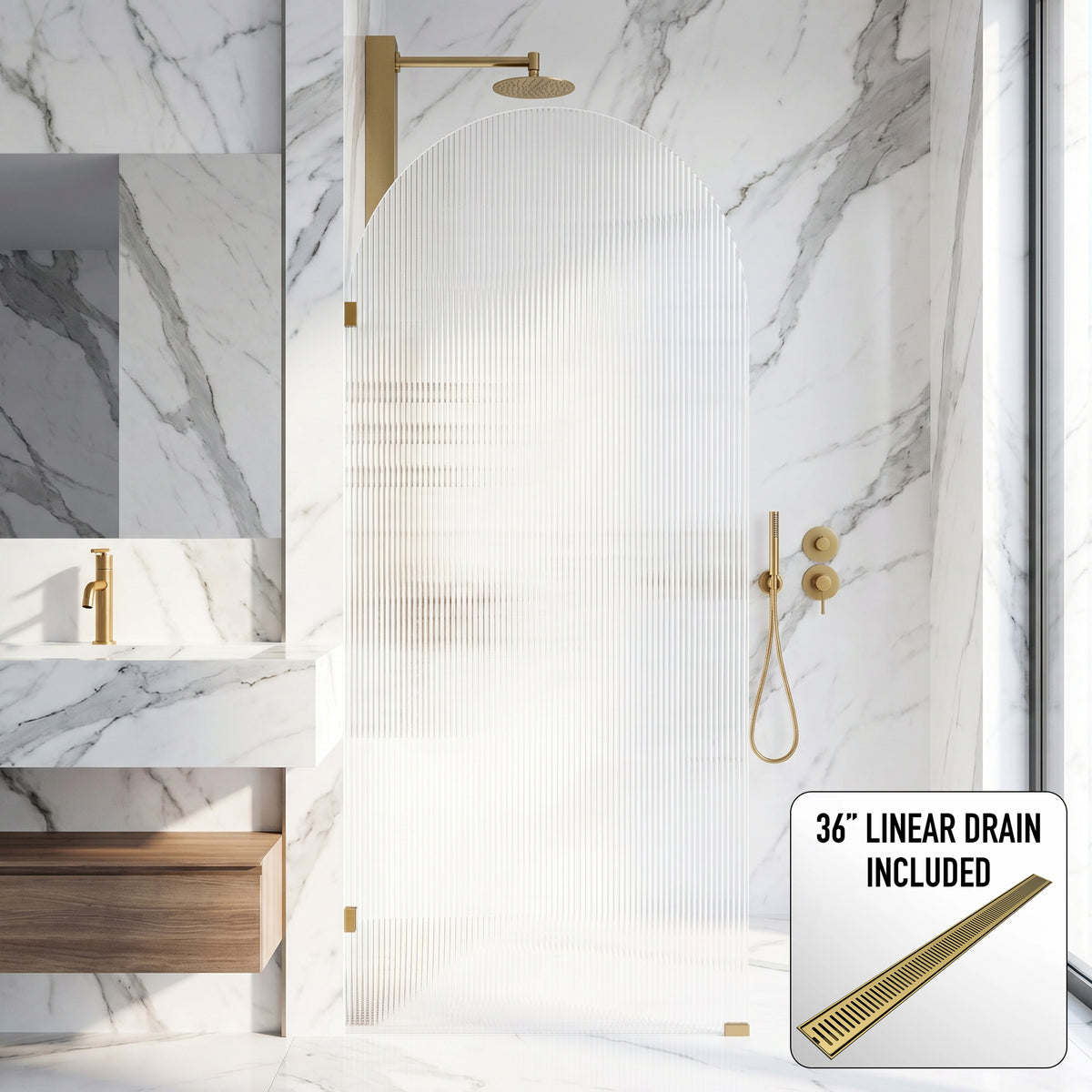 Arden 34 in. W x 78 in. H Frameless Fixed Shower Screen in Matte Brushed Gold with 3/8 in. (10mm) Fluted Glass and Elan 36 in. Linear Shower Drain