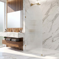 Arden 34 in. W x 78 in. H Frameless Fixed Shower Screen in Matte Brushed Gold with 3/8 in. (10mm) Fluted Glass and Elan 36 in. Linear Shower Drain