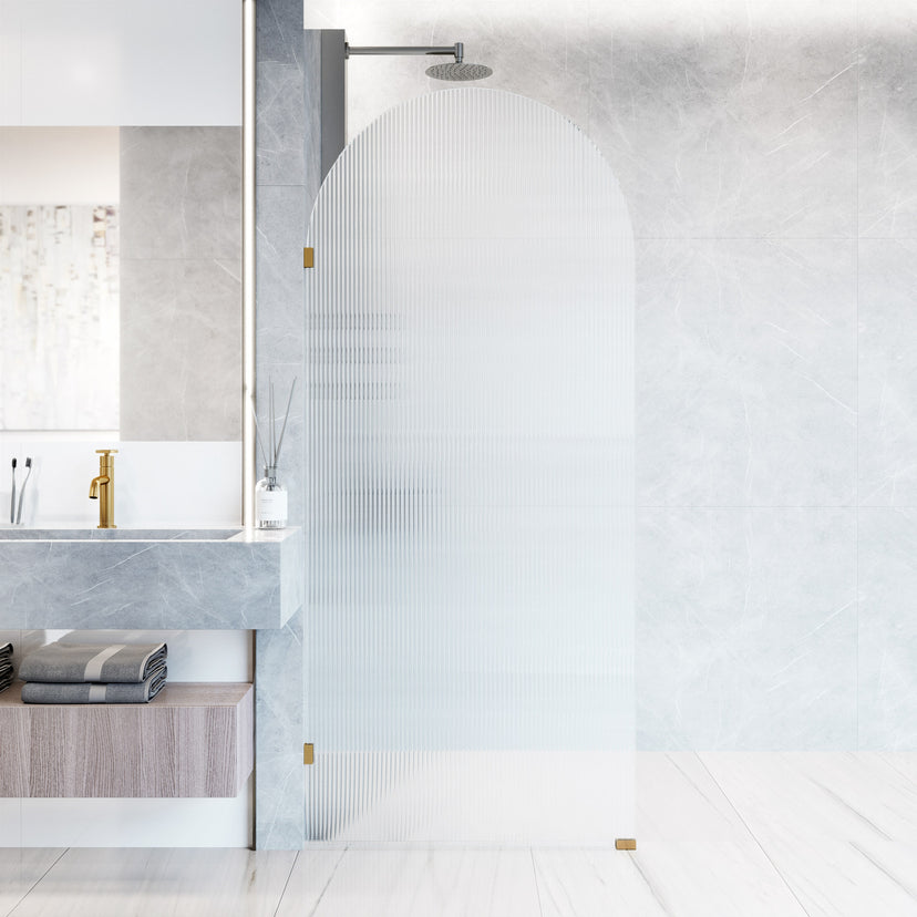 Arden 34 in. W x 78 in. H Frameless Fixed Shower Screen in Matte Brushed Gold with 3/8 in. (10mm) Fluted Glass and Elan 36 in. Linear Shower Drain