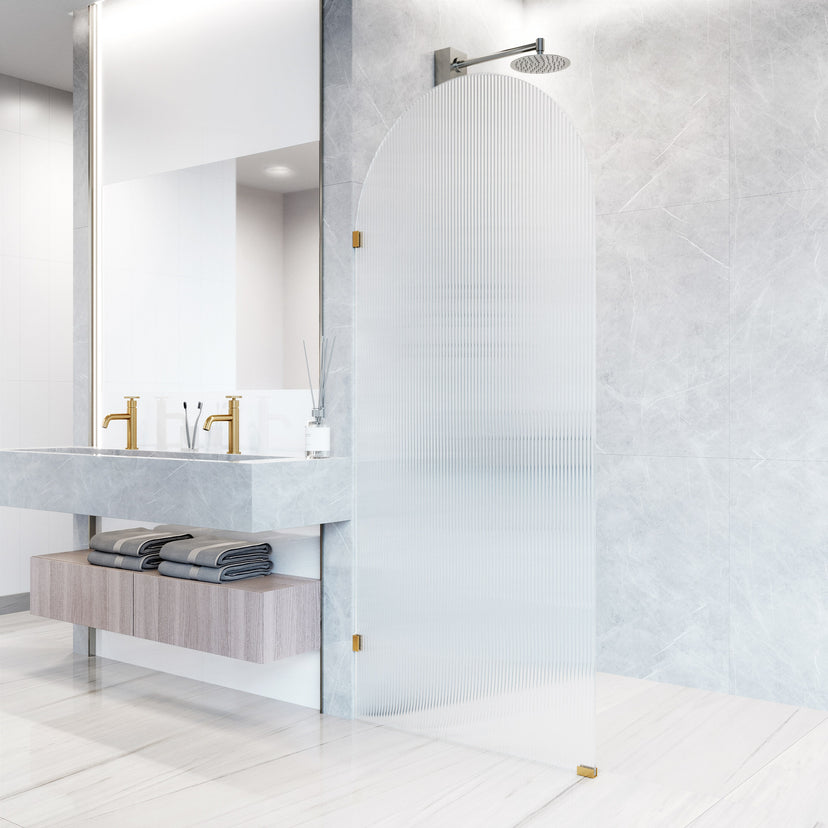 Arden 34 in. W x 78 in. H Frameless Fixed Shower Screen in Matte Brushed Gold with 3/8 in. (10mm) Fluted Glass and Elan 36 in. Linear Shower Drain