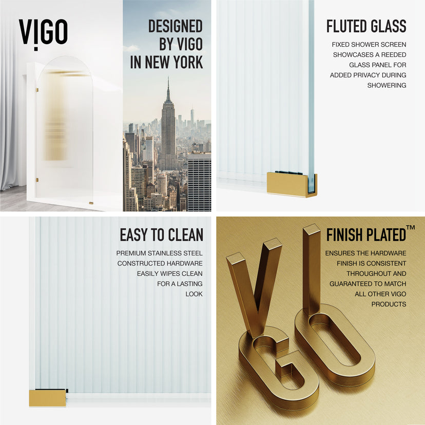 Arden 34 in. W x 78 in. H Frameless Fixed Shower Screen in Matte Brushed Gold with 3/8 in. (10mm) Fluted Glass and Elan 36 in. Linear Shower Drain