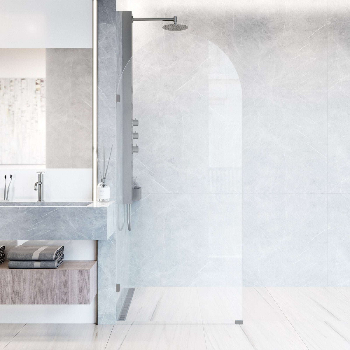 Clear glass shower screen, stainless steel finish, fixed opening, reversible door