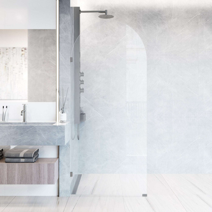 Clear glass shower screen, stainless steel finish, fixed opening, reversible door