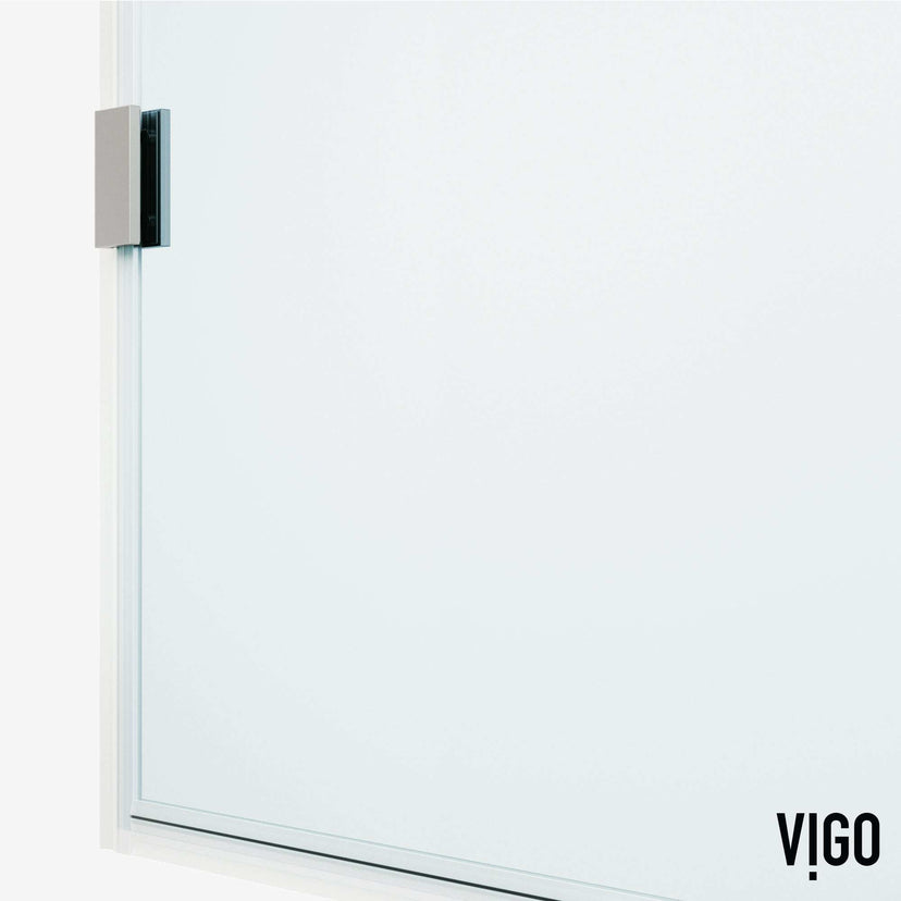 Frameless shower screen with clear glass, stainless steel finish, modern design