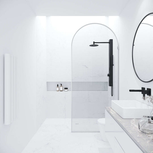 Stainless steel shower screen with clear glass, frameless, fixed installation