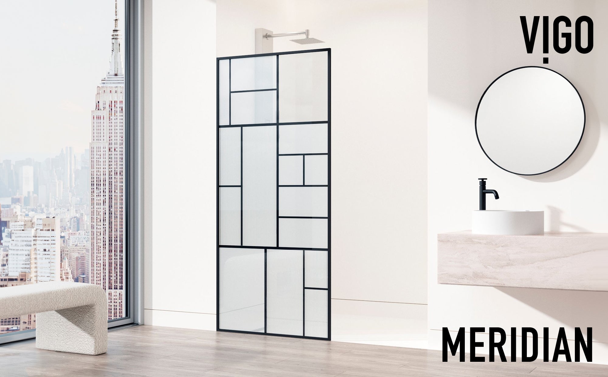 VIGO Meridian LineArt™ Shower Screen in Matte Black Finish with Striped Glass