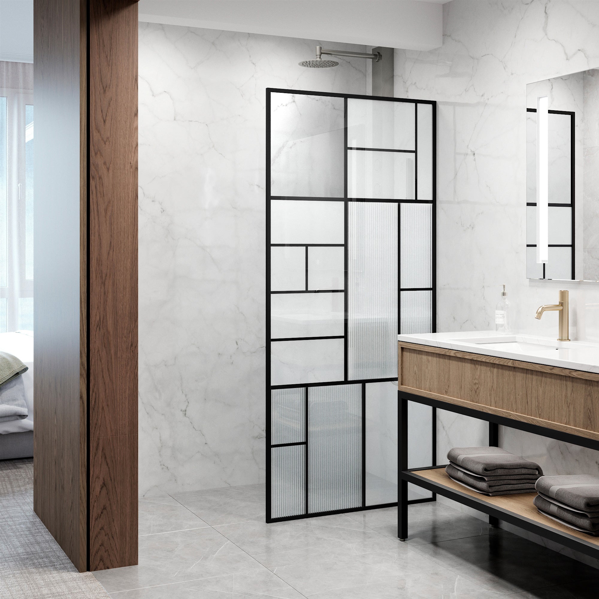 VIGO Meridian LineArt fixed shower screen with fluted glass and matte black grid framing