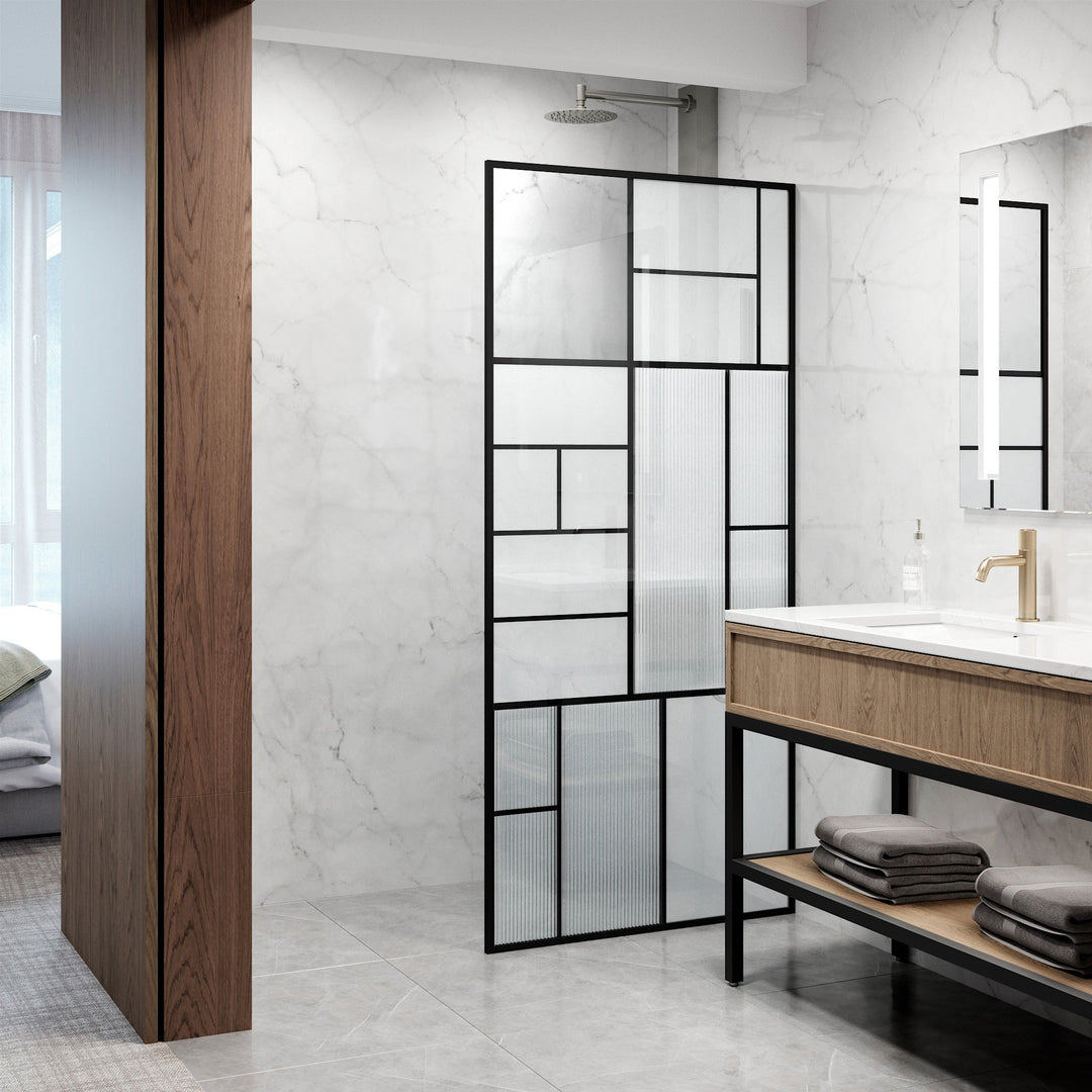 Modern framed shower screen with fluted tempered glass, matte black finish, fixed installation, reversible door