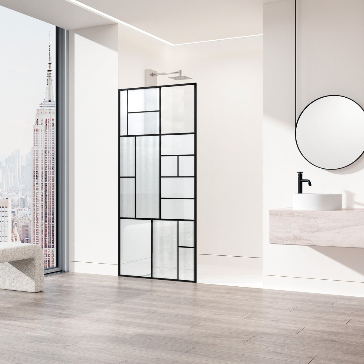 Framed shower screen with matte black grid and multi-type glass panels inspired by Mondrian art
