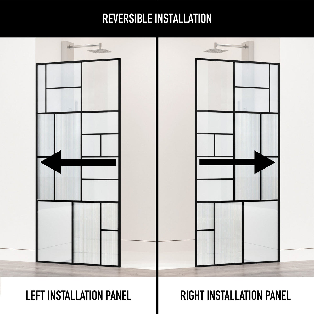 Framed shower screen with matte black grid frame and varying glass panels inspired by Mondrian art