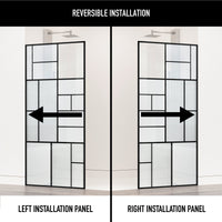 Framed shower screen with matte black grid frame and varying glass panels inspired by Mondrian art