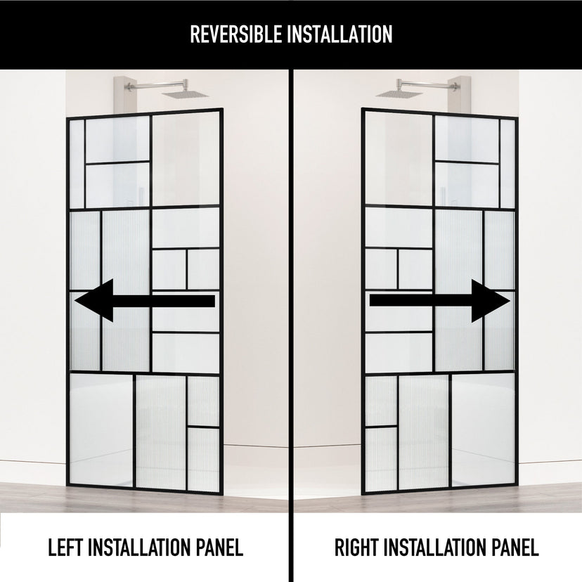 Framed shower screen with matte black grid frame and varying glass panels inspired by Mondrian art