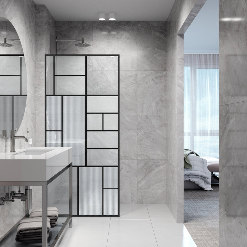 Meridian LineArt Matte Black framed shower screen with grid pattern and mixed clear, privacy, and Fluto white glass panels