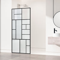 Framed shower screen with matte black grid and mixed clear, privacy, and fluto white glass panels inspired by Mondrian art