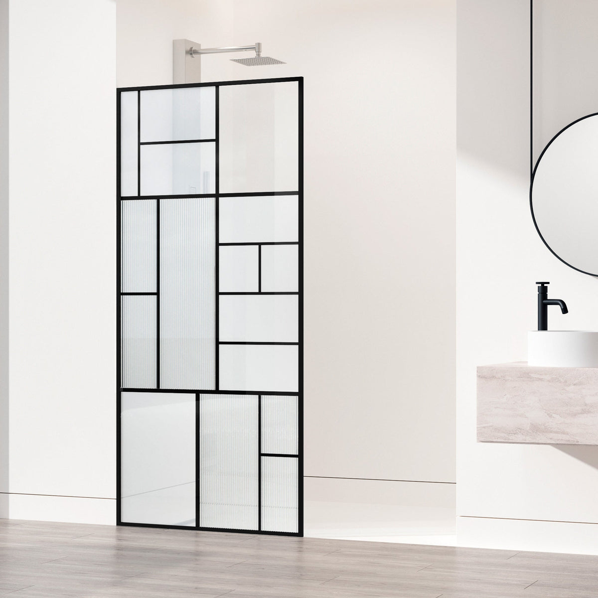 Framed shower screen with matte black grid and mixed clear, privacy, and fluto white glass panels inspired by Mondrian art
