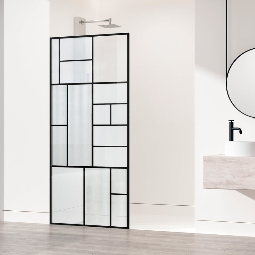 Framed shower screen with matte black grid and mixed clear, privacy, and fluto white glass panels inspired by Mondrian art