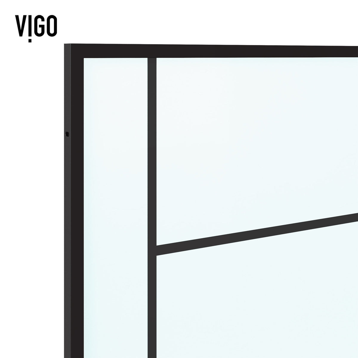 Framed shower screen with matte black grid pattern combining clear and frosted glass panels