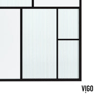 Framed shower screen with matte black grid design and varied glass panels inspired by Mondrian art