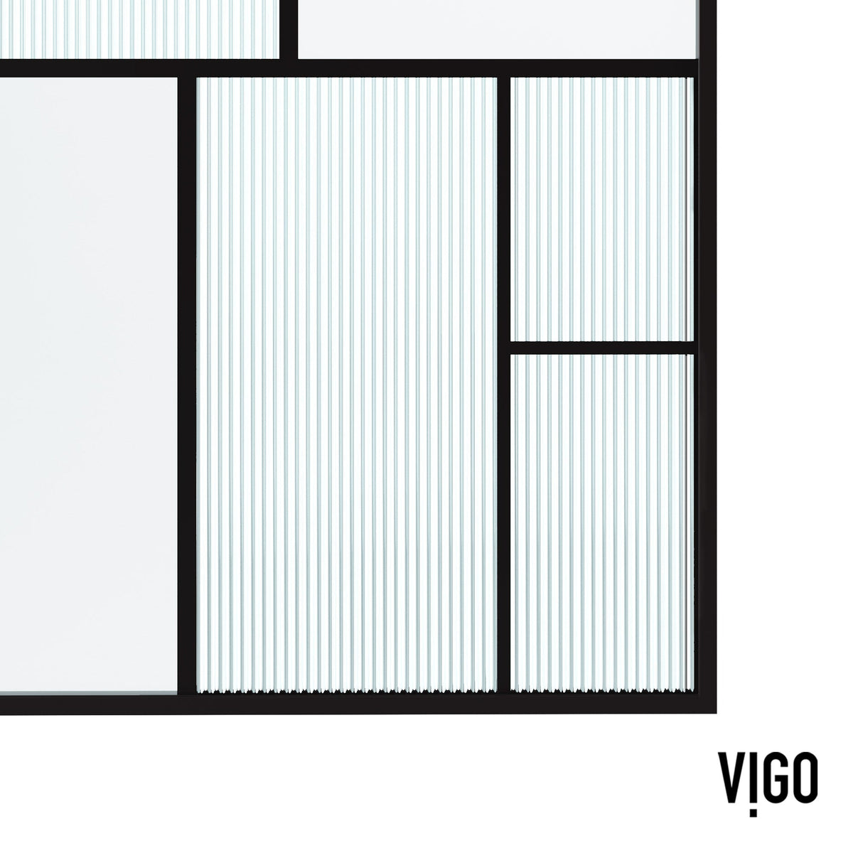 Framed shower screen with matte black grid design and varied glass panels inspired by Mondrian art